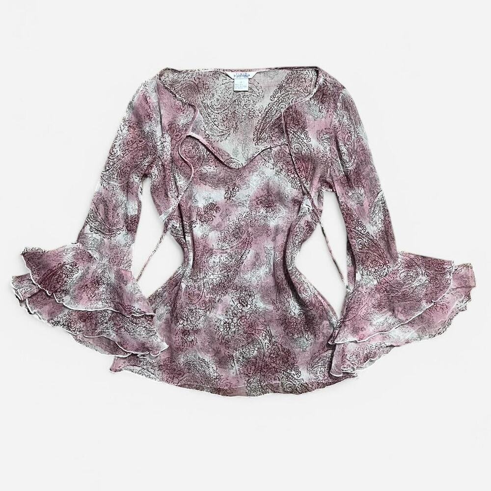 VTG Y2K Timid Sheer Pink & Brown Silk Paisley Keyhole Bell Sleeve Fairycore Top